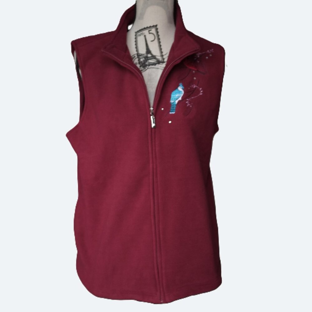 Classic Editions Red Fleece Vest with Embroidered Bird Design Size L